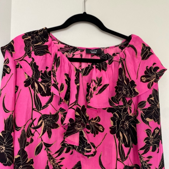 VICI HOT PINK FLORAL V NECK RUFFLED BLOUSE TOP - Picture 3 of 12